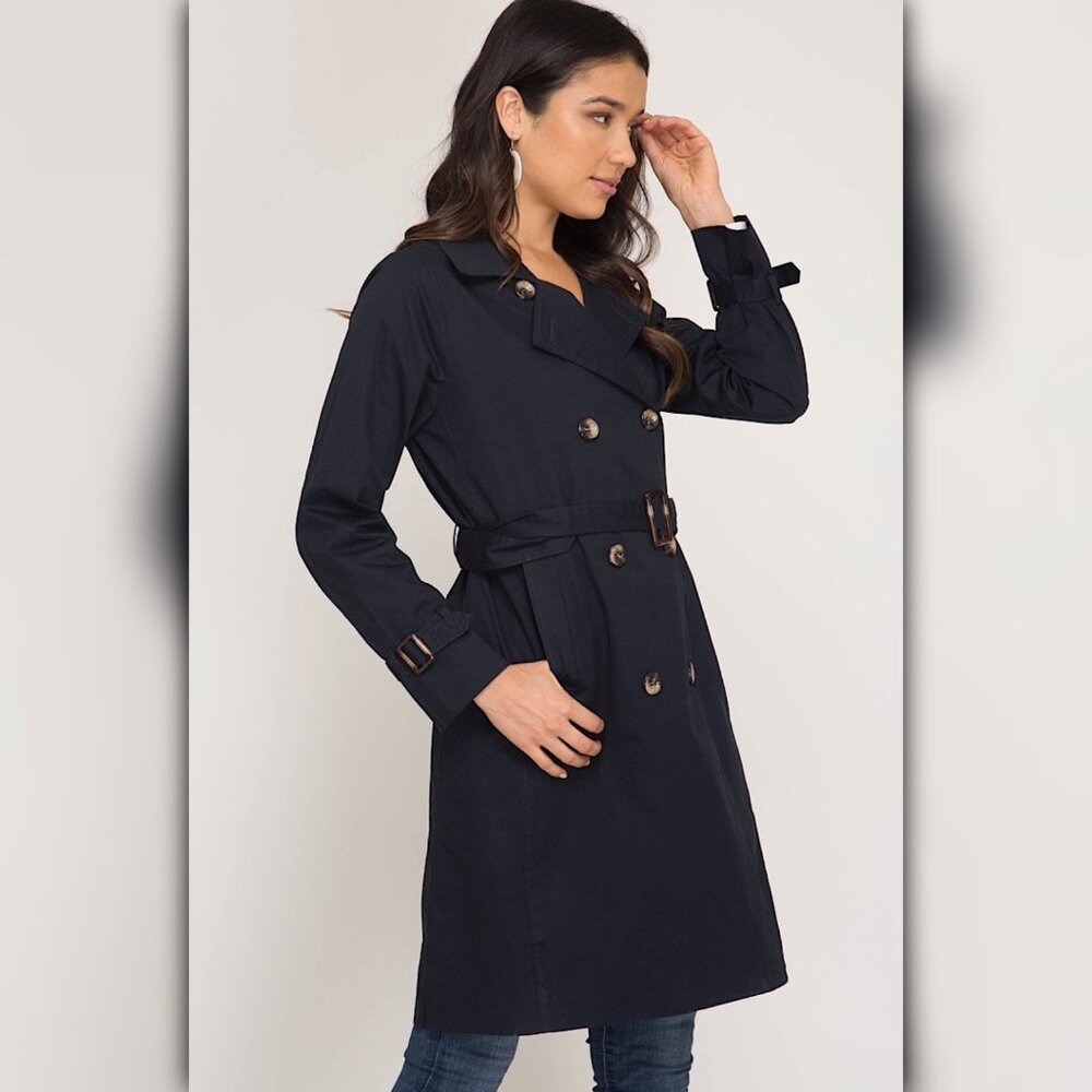 A090 • Navy Double Breasted Belted Trench Coat - Picture 2 of 7